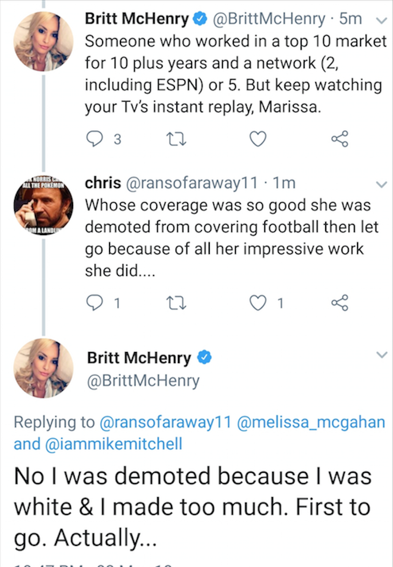 Illustration for article titled Britt McHenry Tweets, Deletes Claim That ESPN Demoted Her Because She Was White